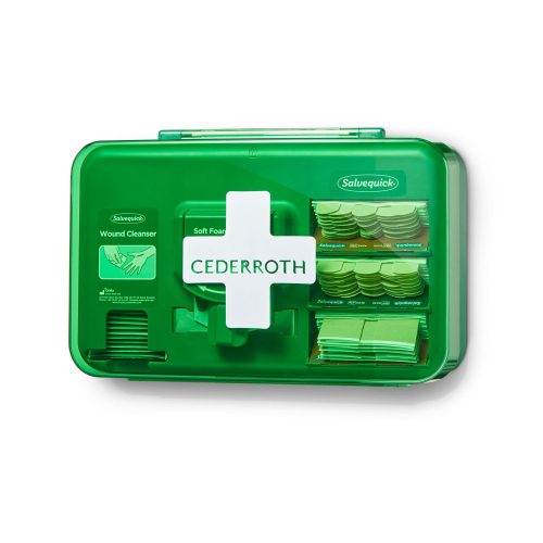 Cedderoth praktikus kötszer-adagoló, különböző termékekkel a kisebb sebek gyors ellátásához.